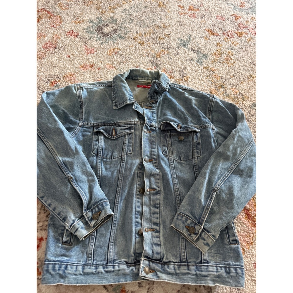 Mangoon Mens Light Wash Denim Trucker Jacket Size Large Blue Jean Coat